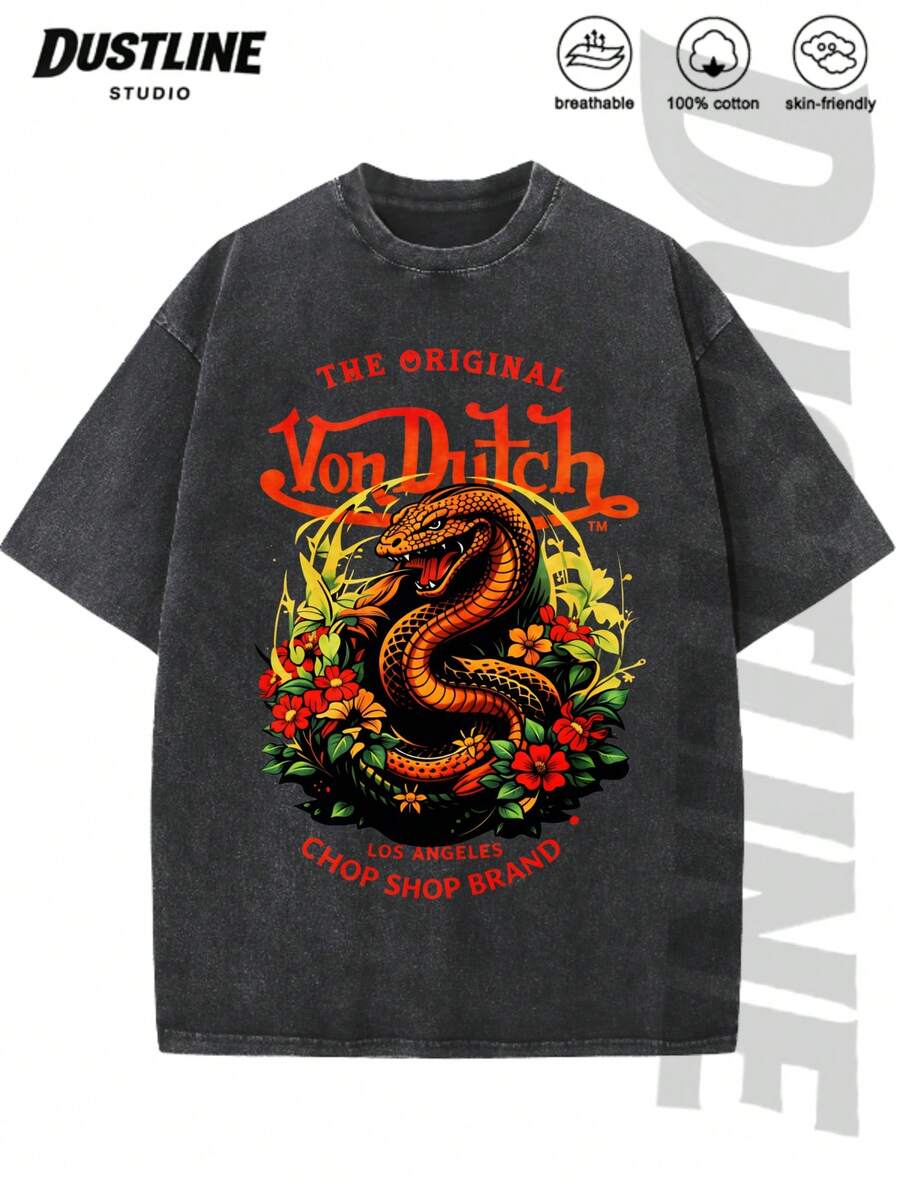 Mens Creative T Shirt American Vintage Full Print Street Wear Essential T Shirt Set Men Graphic T Shirt And Shorts Set With Dragon And Flowers Print Washed Look Vons Dutchs Logo Design For Casual Outfits Summer Wear - 黑色 - 查看 1