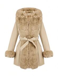 Giolshon Women's PU Jacket With Faux Fur And Belt - Perfect For Autumn/Winter, Stylish And Suitable For Daily Commute Or Work After Fastening The Belt - Khaki - View 7