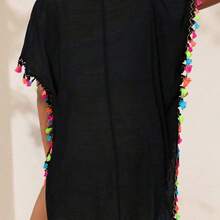 Swim Vcay Women's Vacation V-Neck Loose Straight Cover Up Dress With Colorful Pom-Poms Trim Summer - Beis - Ver 3
