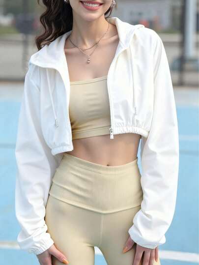 Women's Autumn/Winter Sports Jacket, New White Elastic Short Hooded Windbreaker, Suitable For Outdoor Exercise, Gym, Running, Sports & Leisure
