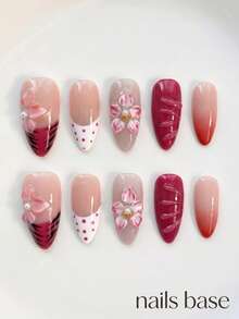 NAILS BASE 10片/組 粉色杏仁形長款法式漸層漸變美甲凝膠假指甲，附玫瑰紅花朵，杏仁形甲片，適合辦公場合的中性華麗風，日式手工 P - 彩色 - 查看 4