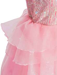 Bộ 6 món gồm váy công chúa màu hồng voan đính sequin không tay, băng đô, đũa phép, túi xách, thích hợp cho lễ Giáng sinh và tiệc hóa trang. - Hồng - Xem 7