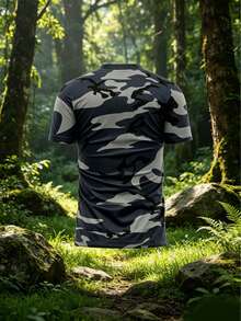 Men's Quick-Dry Camo T-Shirt, Navy Gray Urban Camo Print Sports T-Shirt, Breathable Lightweight Moisture-Wicking Shirt, Suitable For Gym, Running, Training - Multicolor - View 4