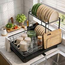 GROWSUN-Iron Dish Drying Rack With Drainboard Dish Drainers For Kitchen Counter Sink Adjustable Spout Dish Strainers With Utensil Holder And Knife Slots - Xem 6