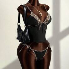 Zestiva Women's Leopard Print Lace-Up Spaghetti Strap Tankini Swimwear Set - Negro - Ver 5