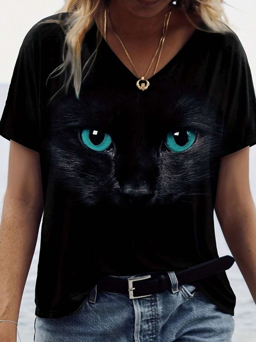 MPLSL|2D Printed Women's T-Shirt, Black Cat Short Sleeve, Casual Weekend Basic V-Neck, Regular Fit, Suitable for Cat Drawing - Negro - Ver 1