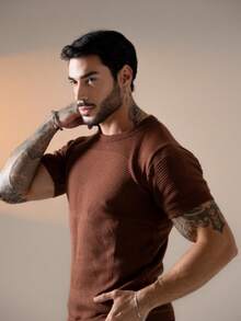 Men's Textured Short-Sleeved Knit T-Shirt With Crew Neck, Summer Chic Premium Style. - Rust Brown - View 2