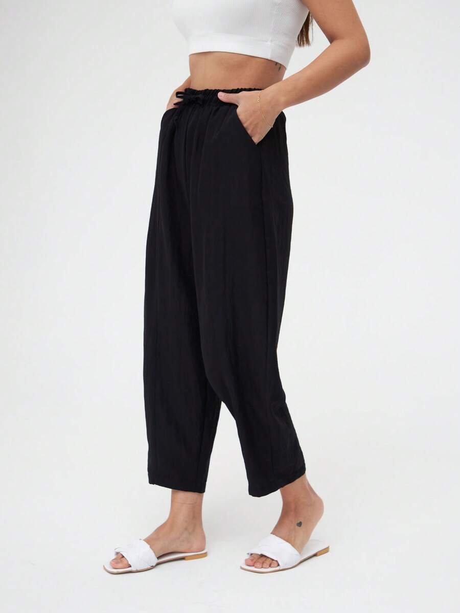 Women High Waist Drawstring Harem Pants Loose Fit Lightweight Summer Casual Trousers - Black - View 1