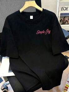 Plus Size Women's Summer Colorful Letter Flower Print Pattern Multicolor Round Neck T-Shirt Fashionable Versatile.Graphic Tees Women Vacation Outfits - Black - View 4