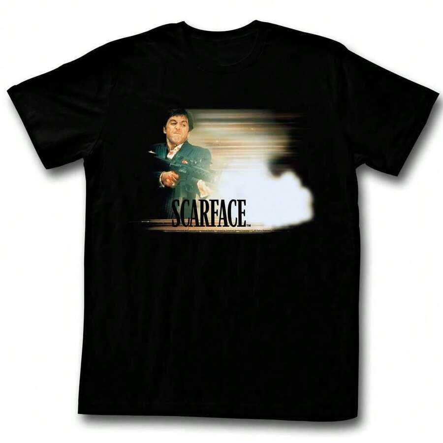 Scar Face Glowy Dude Black T-Shirt High Quality 100% Cotton Short Sleeve Tee, Vintage Movie Print, Fashion Casual Crew Neck Top, Soft And Lightweight, Street Style Hip Hop Clothing, Perfect Gift For Movie Fans - Black - View 1