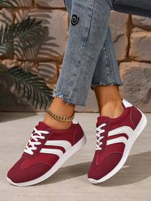 1 双女式轻便休闲运动鞋，平底系带舒适步行鞋 - 紅色 - 查看 5