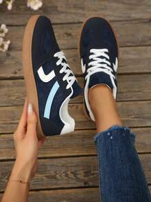 1双圆头系带运动鞋，女士百搭系带平底白色鞋，低帮运动休闲鞋 - 藏蓝色 - 查看 3