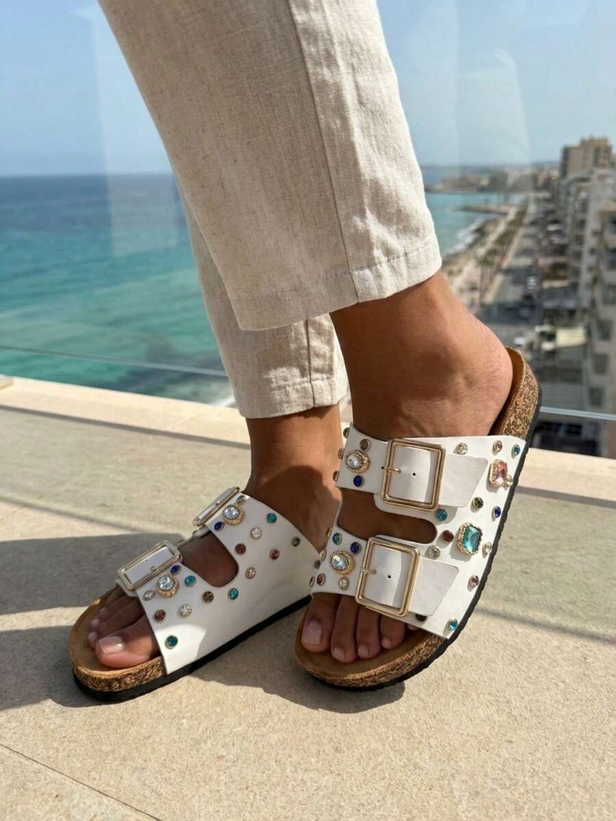Open Toe Double Strap Slip On Slides Summer Shoes Spring Shoes Spring Break Easter - White - View 1