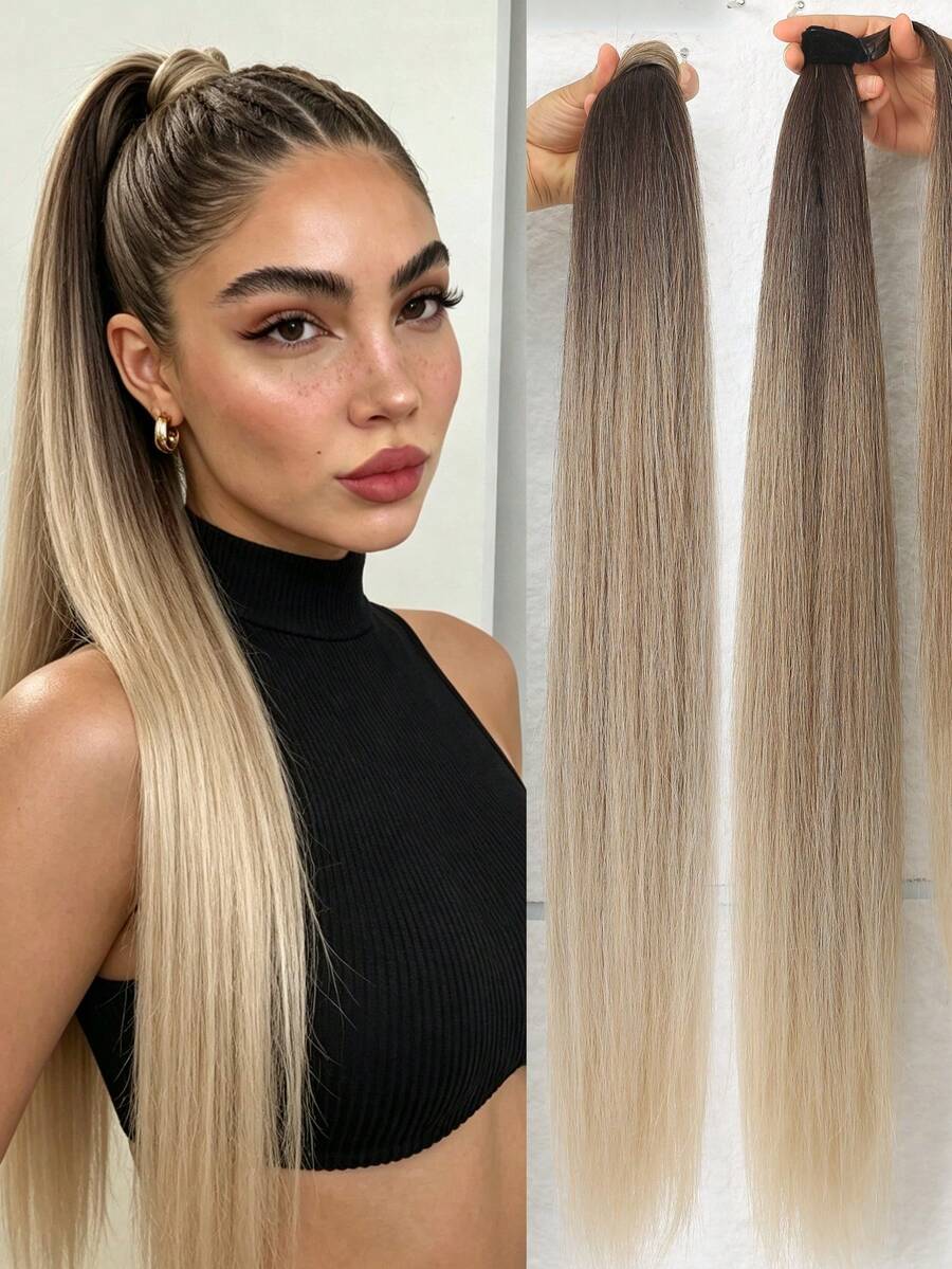 32英寸马尾接发，夹式马尾接发，环绕式长直发钩环马尾接发，有黑色/棕色/灰色/金色可选，女士适用。