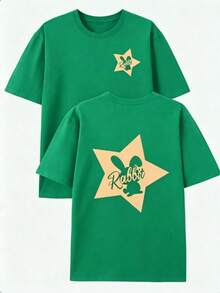 1 Piece Package: Men's 100% Cotton Crew Neck T-Shirt, Casual Style With Letter Print And Rabbit Design On Both Sides - Summer Short Sleeve T-Shirt, Crew Neck, Rabbit Design On Front And Back, Regular Fit, Suitable For Gym, Outdoor Activities And Daily Wear - Easy Clean Summer Essential, Daily Casual Outfit, Versatile Men's T-Shirt. - 綠色 - 查看 7