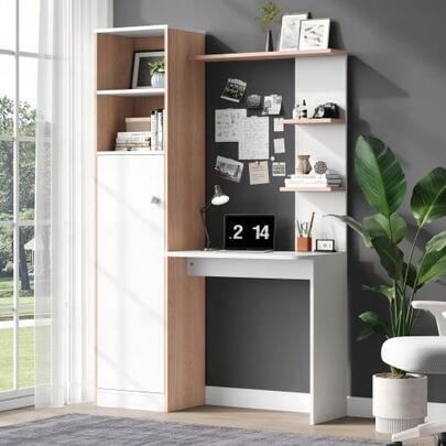 Arbeitstisch/Schreibtisch Mit Aufbewahrung – White Mit Stabholzkontrast, Unterer Schrank Mit Türen Und Oberes Offenes Regal, Büro-Design, 123.5x45x168.5 Cm