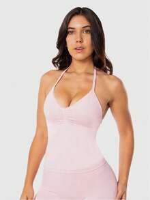 女士瑜伽背心，内置衬垫胸罩，健身房运动衫 - 粉色 - 查看 5