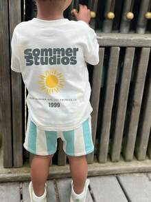 1pc Infant/Toddler Boys' Creative Cartoon Graphic Letter Slogan Print Basic Round Neck Short Sleeve T-Shirt, Casual & Fashionable - White - View 2