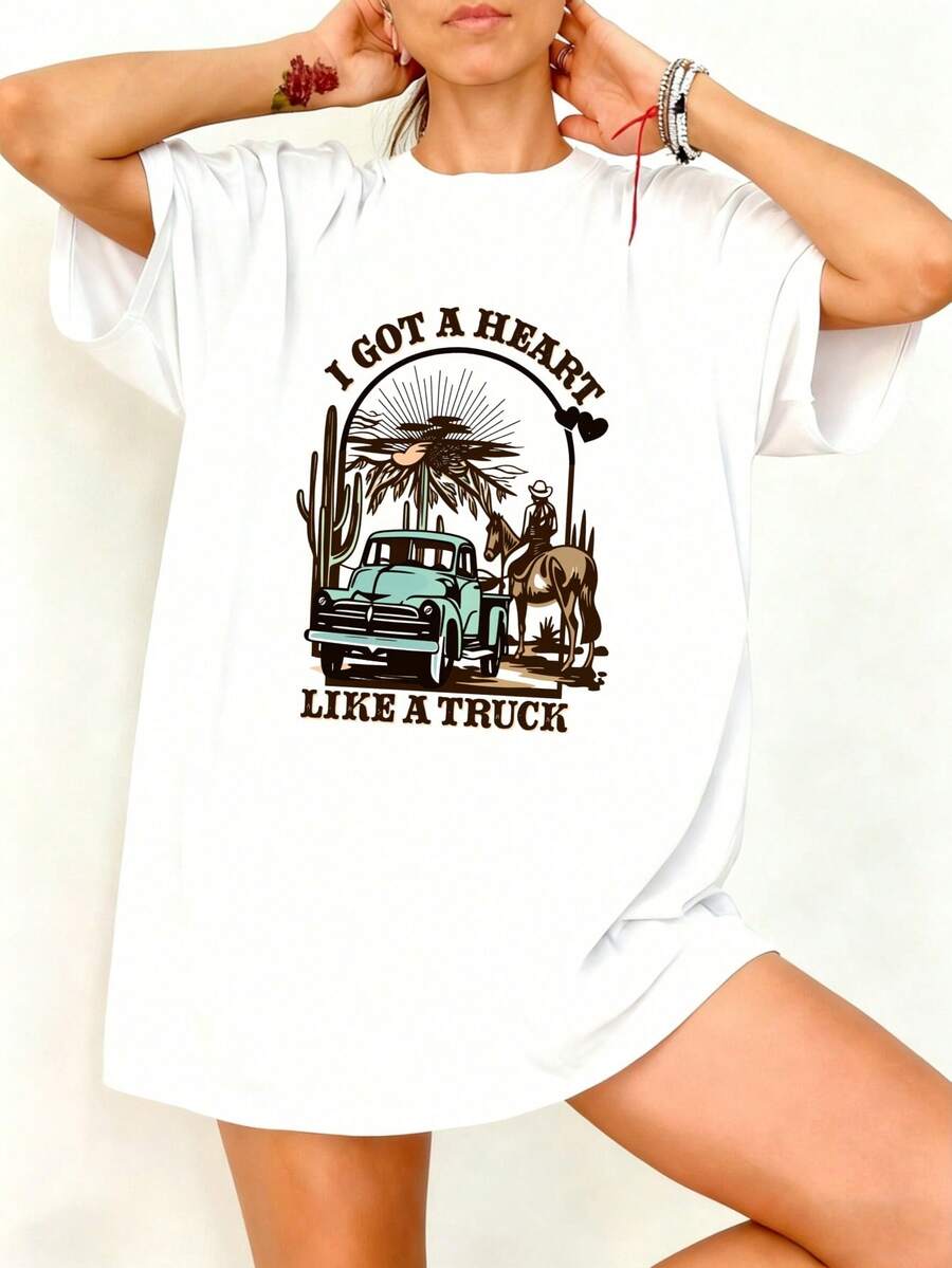 Camiseta Oversize Blanca Con Impresion De Camion Y Caballo Para Verano - Blanco - Ver 1