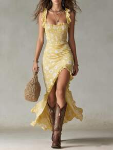 Women Floral Print Spaghetti Strap Ruched Split Maxi Dress - Yellow - View 2