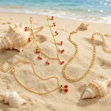 3Pcs/Set Cherry Charm Anklets, Gold Plated Layered Chain Ankle Bracelets, Adjustable Beach Foot Jewelry For Women & Girls - Multicolor - View 5