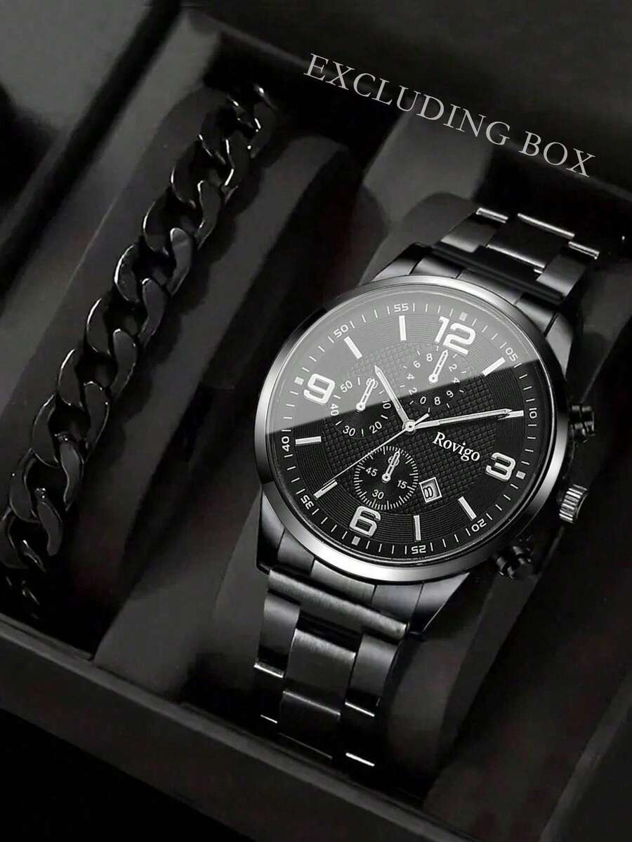 Bộ 2 đồng hồ nam công sở tối giản, gồm đồng hồ nam dây thép đen và vòng tay nam đa chức năng kiểu Cuban Link. Phong cách công sở cao cấp màu đen tuyền, mạnh mẽ, thiết thực và thời trang. Mặt số hiển thị rõ nét, chất liệu dây đeo bền chắc. - màu đen - Xem 1