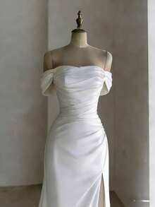 Chic Off-Shoulder Short Sleeve A-Line Bridal Dress With Side Slit – Glimmering Satin Gown With Flattering Silhouette And Soft Drapery, Perfect For Weddings, Holiday Gatherings, Christmas Soirées, Halloween Balls, Birthday Festivities, And Prom Events. Ideal For Nuptials, Celebrations, Bridal Occasions, Vacation Parties, Formal Dinners, Graduation Balls, Homecoming Events, Cocktail Nights, And Special Evening Functions. - trắng - Xem 2