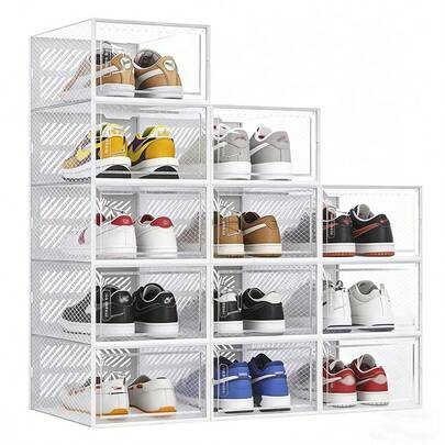 12pcs Modular Shoe Storage Boxes, Space-Saving Transparent Plastic Stackable Containers With Lids, Display Boxes For Sports Shoes, White