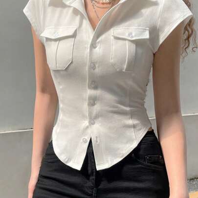 Tシャツ レディース 半袖 襟付き ポロシャツ タイト トップス カットソー フロントボタン フレンチスリーブ 胸ポケット ウエストマーク 着痩せ くびれ強調 スタイルアップ 細見え 高見え きれいめ 大人可愛い フェミニン セクシー ギャル 韓国ファッション ストリート...