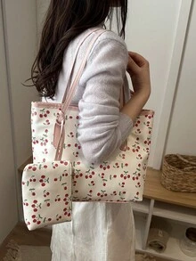 2026 Nuova moda Borsa a tracolla casual da donna con grande capacità, stampa a ciliegie e farfalle con fiocco - Rosa - Visualizzare 3