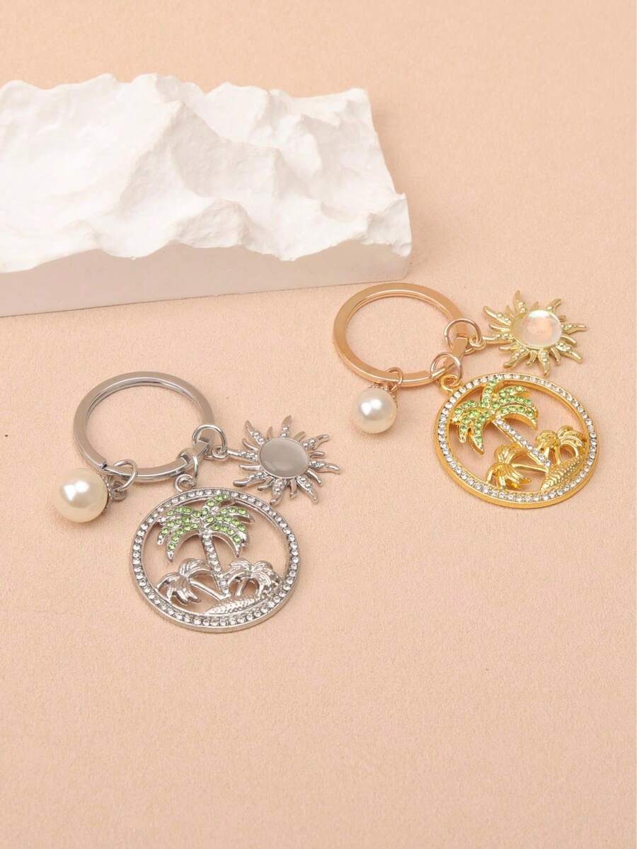 1件女士水钻椰子树吊坠，仿珍珠太阳挂饰，创意包包配饰，节日礼物 - 彩色 - 查看 1