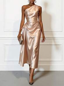 Elegant Spring/Summer Satin Off Shoulder Mid-Length Party Dress, Women's Solid Color Pleated Formal Gown For Wedding Guest, Mother's Day - Champagne - View 5