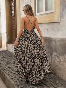 Vestido sin mangas de cuello en V con estampado total para vacaciones de verano de mujer - Negro - Ver 2