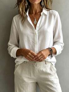 Fashionable Elegant Long Sleeve Collared Shirt Women Versatile Loose Casual Commute Top Solid Color Button Front Daily Office Blouse White - White - View 4