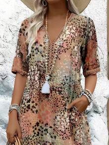 New European American Fashion Printed Lace Trimmed V Neck Short Sleeve Dress - 藍色 - 查看 2