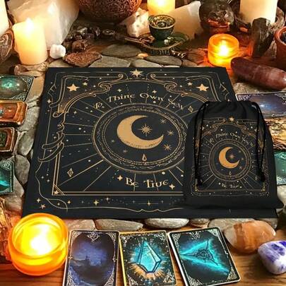1PC Celestial Tarot Altar Cloth And The Accompanying Pouches With Sun & Moon- Witchy Wiccan Ritual Cloth Suitable For Tarot Readings, Moon Phase Ceremonies, Meditation Spaces - Table Cover For Witchcraft Practices Elegant Sun And Moon Mandala Altar Cloth With Mystical Celestial Design Vintage Floral Table Cloth Witchcraft Astrology To Think Own Self Oracle Mat Tarot Tablecloth Boho Playmat Cloth Home Decor Room Decor