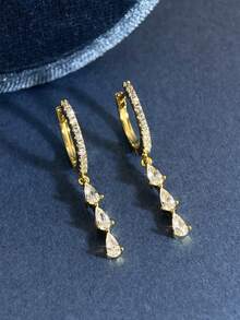 1 Pair Minimalist 925 Sterling Silver Teardrop Pave Diamond Earrings, Fashionable Elegant Jewelry Gift For Women - Style 1 - View 5