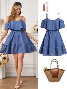 Vestido elegante de moda nuevo para mujeres con escote en el hombro, borde alto y cintura favorecedora, mini vestido ideal para vacaciones, salidas casuales, fiestas, meriendas y talla grande ocasiones de verano - Azul 2 - Ver 1