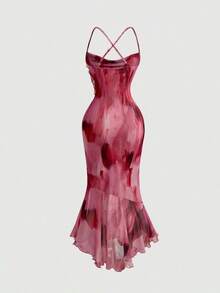 Vestido largo sirena sensual estampado degradado colorido, tirantes finos cruzados en espalda, cuello caído y falda asimétrica con volantes, ideal para vacaciones playeras hawaianas, citas y eventos especiales de primavera y verano - Blanco - Ver 11