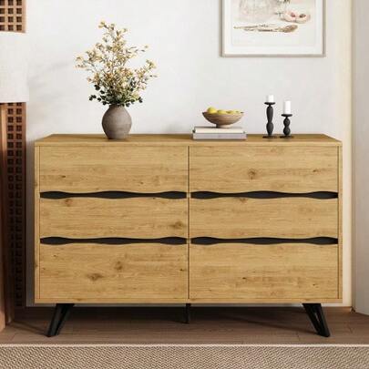 Modern Dining Room Cabinet With Six Drawers – Wood Grain Finish, Metal Cabinet Legs, Ample Storage, Minimalist Design, Ideal For The Living Room And Dining Room – 120x40x75.5 Cm