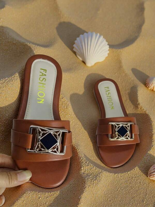 Vintage Style Brown Girls Slippers Size 26-36, Shiny Gold Bow Decor Flat Sandals, Cute Casual Summer Slides For Girls