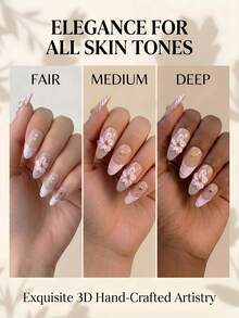 NAILS BASE 10件/組 粉色杏仁形長款法式漸層漸變假指甲，附玫瑰紅花朵，辦公適用的中性亮麗杏仁形甲片，日式手工 P - 彩色 - 查看 6
