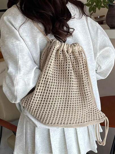 Women's Crochet Knitted Beach Tote Bag, Ladies Fashion Woven Backpack, Hollow Design, Large Capacity Foldable Drawstring Backpack. Suitable For Daily Use, Commuting, Shopping, Beach, Travel, Fashionable Backpack, Beach Travel, College Vacation Essential, Perfectly Matched With Beach Accessories, The Most Popular Beach Bag For Ladies, Beach Necessities, Beach Essentials, Beach Supplies And Summer Must-Haves, The Perfect Choice For Summer, Vacation And Beach, The Latest Vacation Bag, Valentine's Day Gift, Mother's Day Gift, Gift