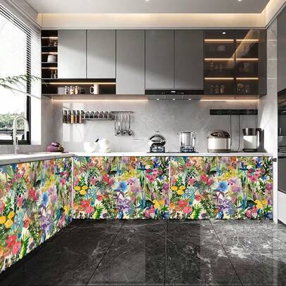 1 pieza Falda de mesa de felpa corta de poliéster con patrón de flores silvestres vibrantes en acuarela, cortina colgante conveniente para gabinetes de cocina, decoración ideal para el hogar en la cocina, lavandería, armarios de almacenamiento, también adecuada como cenefa de ventana