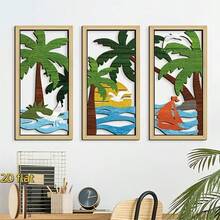 3pcs Tropical Palm Tree Wooden Wall Decor - Hollow Design, Wall Art For Living Room, Bathroom, Beach House Ocean Theme - Multicolor - View 4