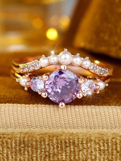 Bộ 2 nhẫn mạ vàng hồng đính đá CZ tím, kiểu dáng vương miện đính ngọc trai giả và đá CZ, trang sức thanh lịch dành cho nữ.