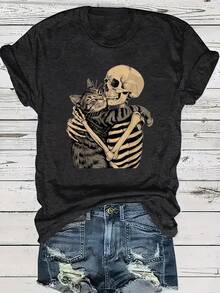 Summer Tops For Women Skull And Cat Pattern Printed T-Shirt - For Cat Lovers, Cat Moms And Dads - Soft And Comfortable Home Casual Round Neck Short Sleeve Top - Women's Clothing - Perfect Choice For Spring And Summer. Loose And Comfortable Mothers Day Outfit Summer Tops For Women Mothers Day Outfit Y2k Clothes Women - 黑灰色 - 查看 12