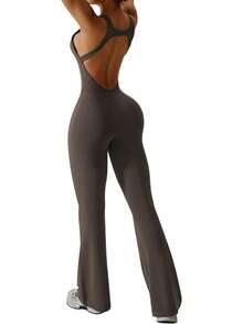 Women's Flared-Leg Jumpsuit With Built-In Bra, Openwork Back, Sportswear, Sleeveless Jumpsuit, Fitted Casual - Brown - View 5
