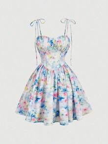 MOD Vestido mini elegante de mujer sin mangas con estampado floral, dobladillo con volantes plisados - Multicolor - Ver 4