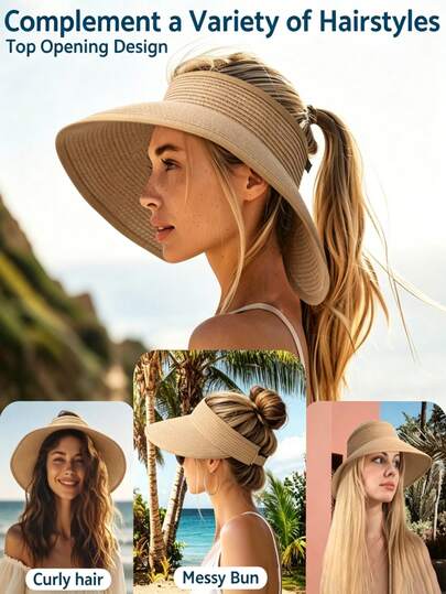 2pcs Foldable Open-Top Women's Sun Hat, Summer Wide Brim Breathable Sun Protection Hat, Lightweight Ponytail Hole Hat With UV Protection, Fashionable Wide Brim Sun Hat, Suitable For Beach, Vacation, Outdoor Travel, Hiking, Camping, Fishing, Shopping And Daily Outdoor Activities